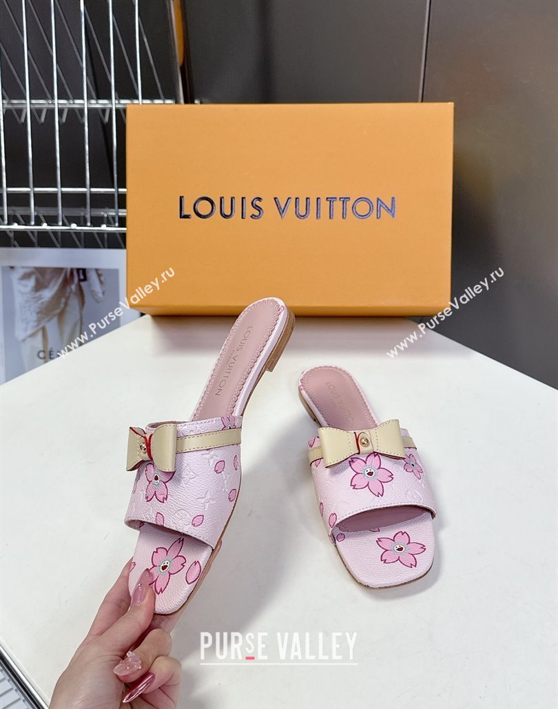 Louis Vuitton LV x TM Neo 6AM Flat Slides Sandal in Cherry Blossoms Print with Bow Pink Leather 2025 (MD-250422002)