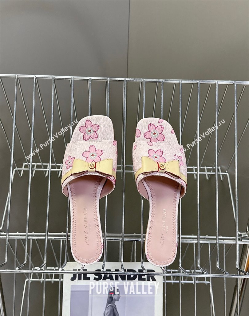 Louis Vuitton LV x TM Neo 6AM Flat Slides Sandal in Cherry Blossoms Print with Bow Pink Leather 2025 (MD-250422002)