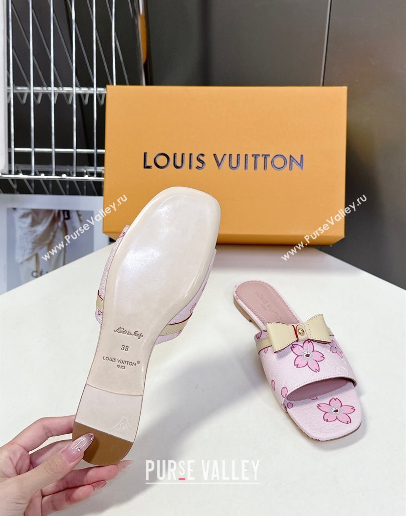 Louis Vuitton LV x TM Neo 6AM Flat Slides Sandal in Cherry Blossoms Print with Bow Pink Leather 2025 (MD-250422002)