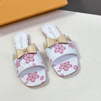 Louis Vuitton LV x TM Neo 6AM Flat Slides Sandal in Cherry Blossoms Print with Bow White Leather 2025 (MD-250422003)
