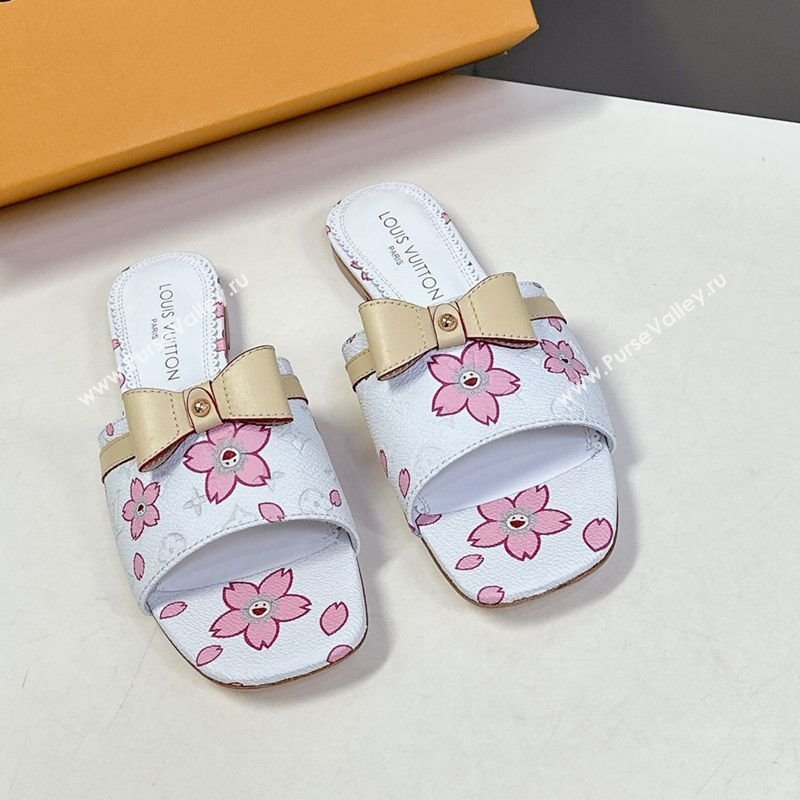 Louis Vuitton LV x TM Neo 6AM Flat Slides Sandal in Cherry Blossoms Print with Bow White Leather 2025 (MD-250422003)
