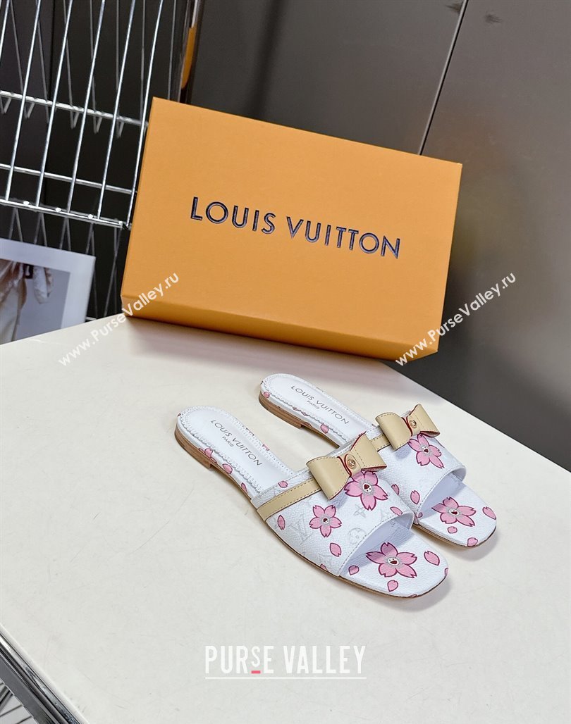 Louis Vuitton LV x TM Neo 6AM Flat Slides Sandal in Cherry Blossoms Print with Bow White Leather 2025 (MD-250422003)