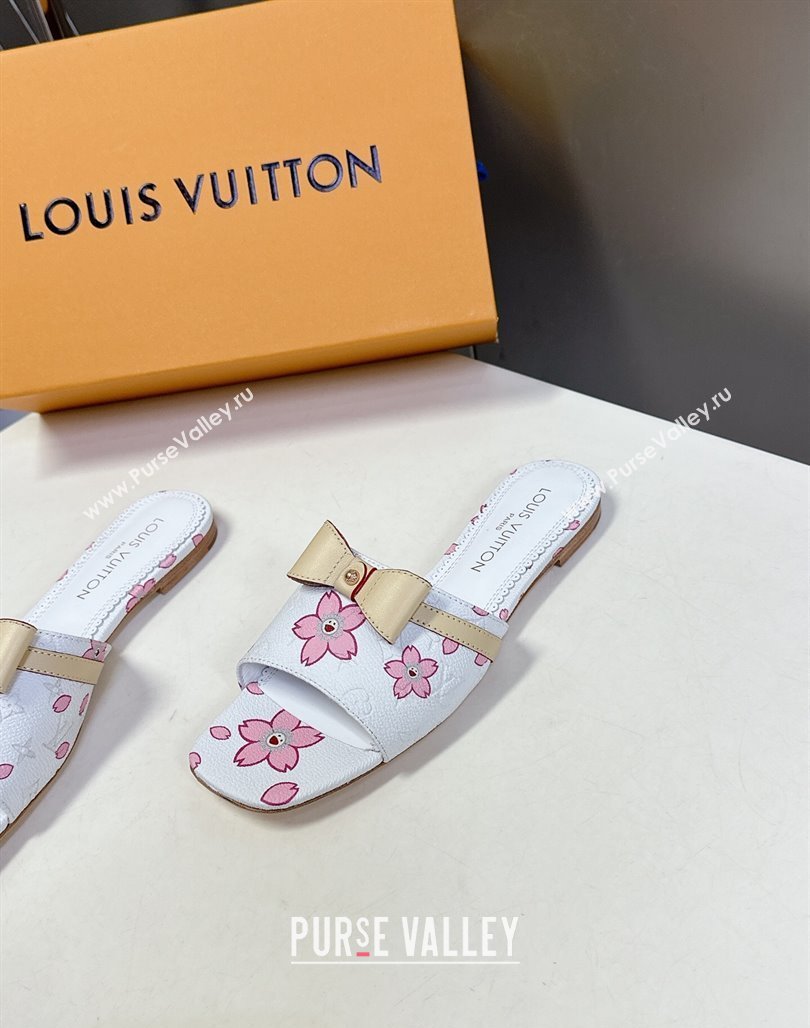 Louis Vuitton LV x TM Neo 6AM Flat Slides Sandal in Cherry Blossoms Print with Bow White Leather 2025 (MD-250422003)