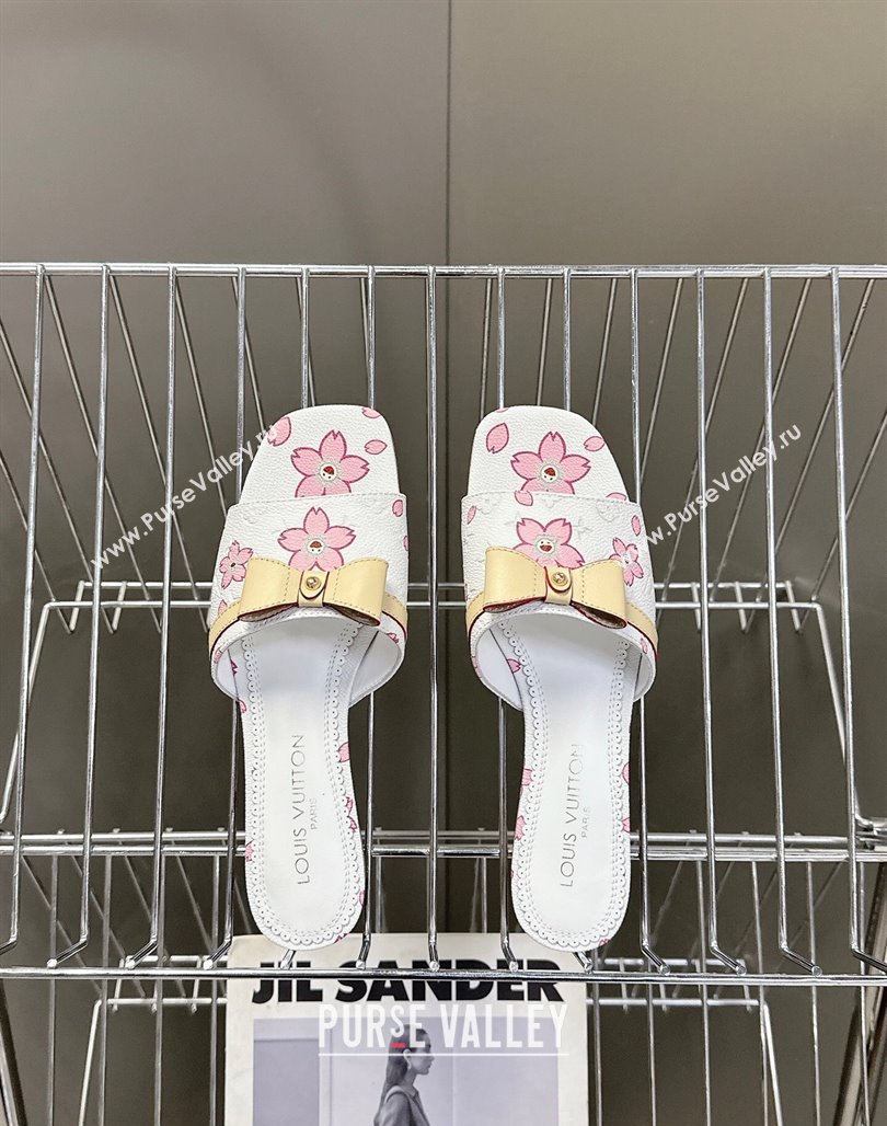 Louis Vuitton LV x TM Neo 6AM Flat Slides Sandal in Cherry Blossoms Print with Bow White Leather 2025 (MD-250422003)