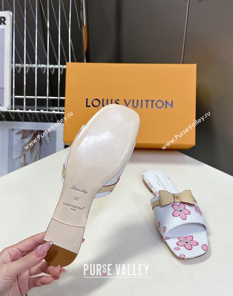 Louis Vuitton LV x TM Neo 6AM Flat Slides Sandal in Cherry Blossoms Print with Bow White Leather 2025 (MD-250422003)