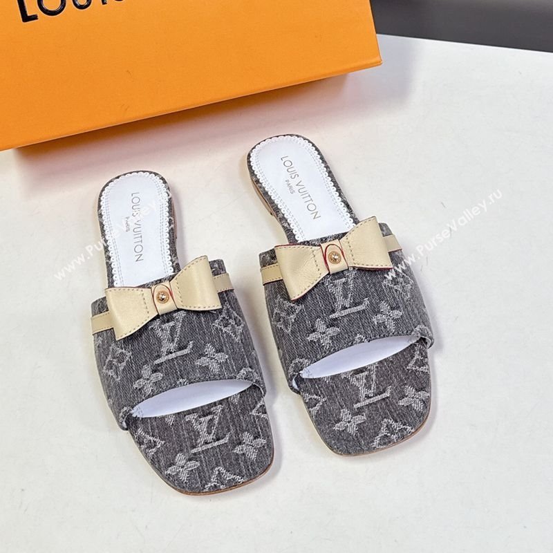 Louis Vuitton LV x TM Neo 6AM Flat Slides Sandal in Cherry Blossoms Print Denim with Bow Grey 2025 (MD-250422004)