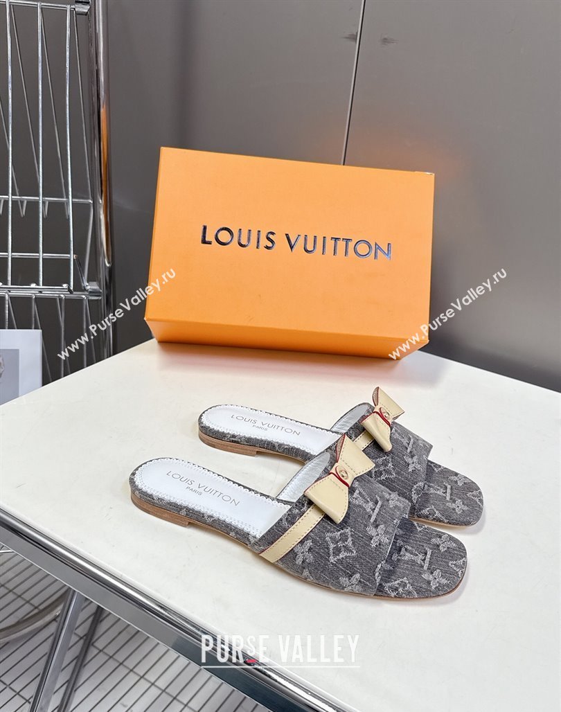 Louis Vuitton LV x TM Neo 6AM Flat Slides Sandal in Cherry Blossoms Print Denim with Bow Grey 2025 (MD-250422004)
