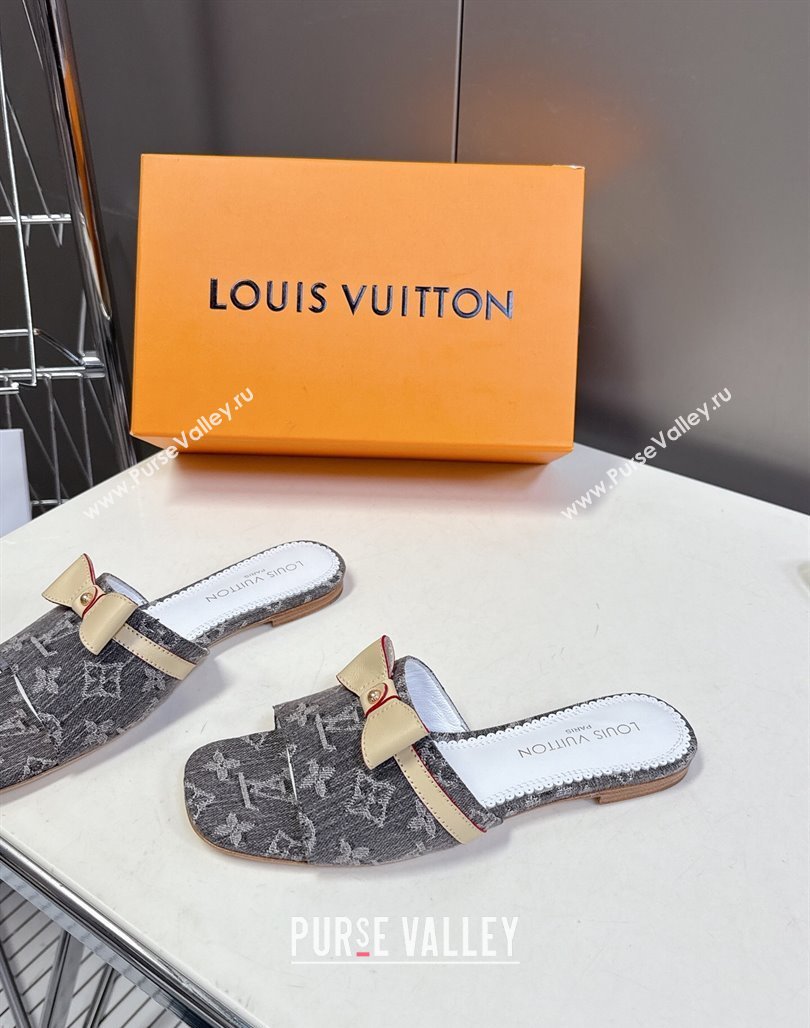 Louis Vuitton LV x TM Neo 6AM Flat Slides Sandal in Cherry Blossoms Print Denim with Bow Grey 2025 (MD-250422004)