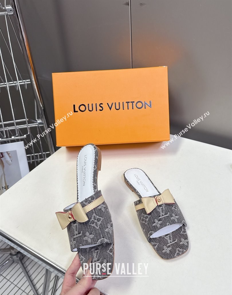 Louis Vuitton LV x TM Neo 6AM Flat Slides Sandal in Cherry Blossoms Print Denim with Bow Grey 2025 (MD-250422004)