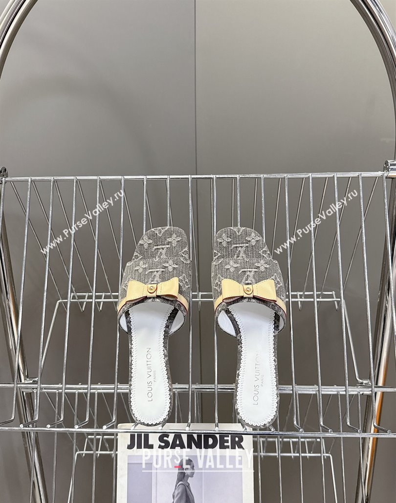 Louis Vuitton LV x TM Neo 6AM Flat Slides Sandal in Cherry Blossoms Print Denim with Bow Grey 2025 (MD-250422004)