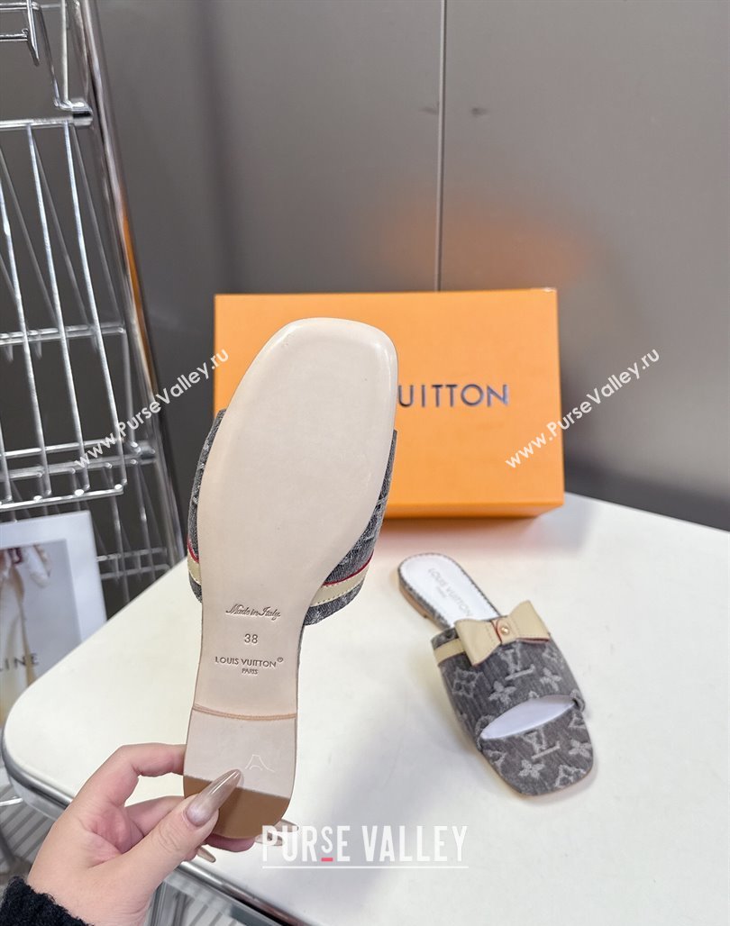 Louis Vuitton LV x TM Neo 6AM Flat Slides Sandal in Cherry Blossoms Print Denim with Bow Grey 2025 (MD-250422004)