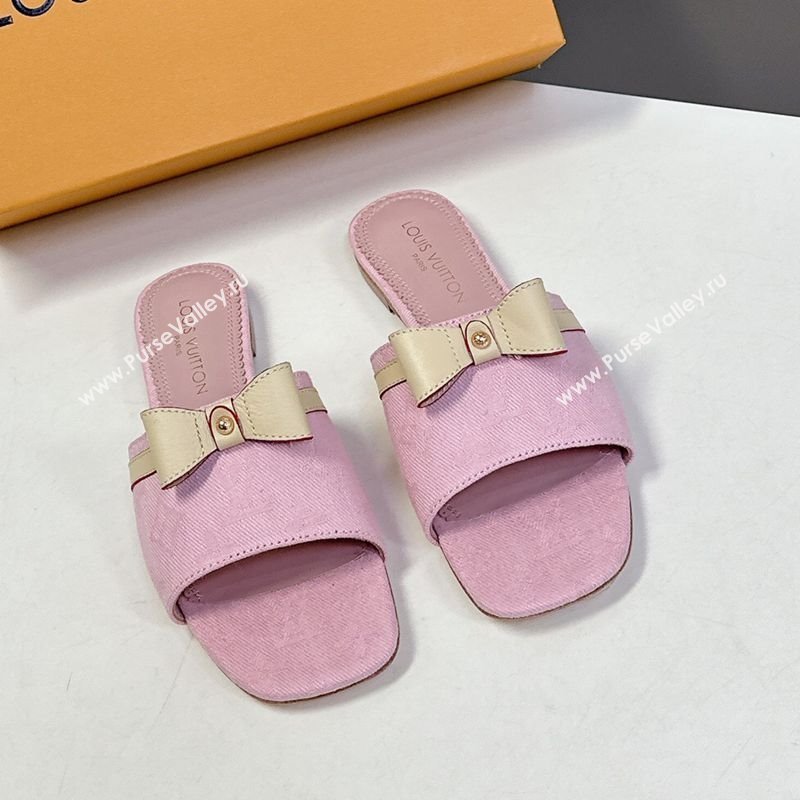 Louis Vuitton LV x TM Neo 6AM Flat Slides Sandal in Cherry Blossoms Print Denim with Bow Light Pink 2025 (MD-250422005)