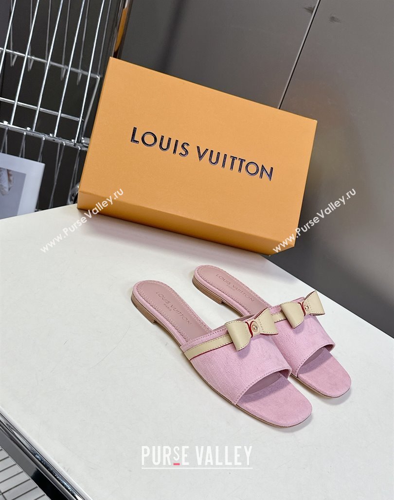Louis Vuitton LV x TM Neo 6AM Flat Slides Sandal in Cherry Blossoms Print Denim with Bow Light Pink 2025 (MD-250422005)