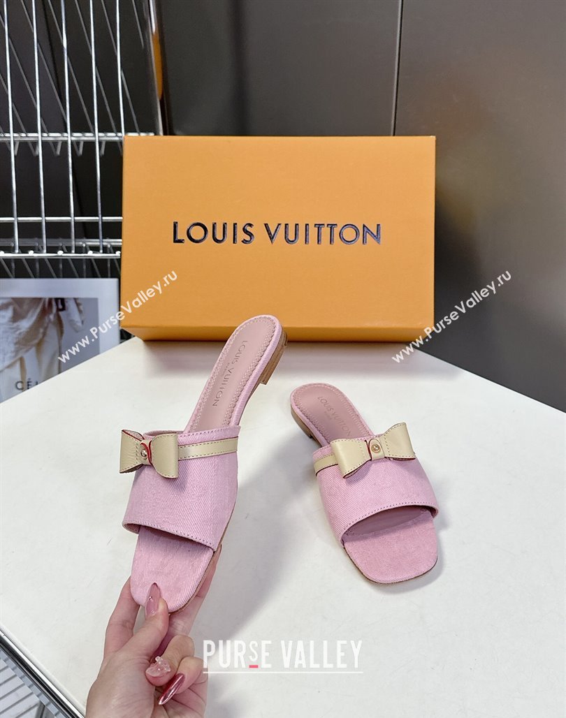 Louis Vuitton LV x TM Neo 6AM Flat Slides Sandal in Cherry Blossoms Print Denim with Bow Light Pink 2025 (MD-250422005)
