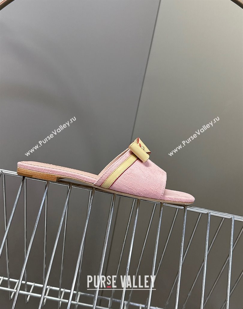Louis Vuitton LV x TM Neo 6AM Flat Slides Sandal in Cherry Blossoms Print Denim with Bow Light Pink 2025 (MD-250422005)
