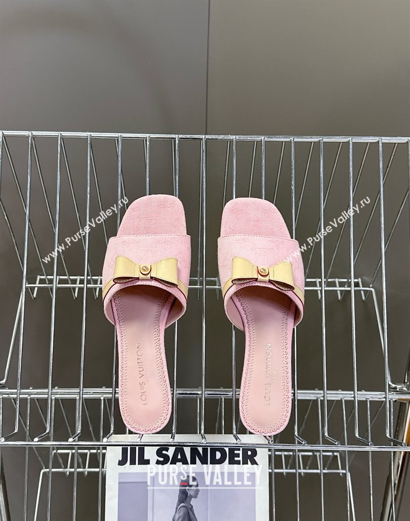 Louis Vuitton LV x TM Neo 6AM Flat Slides Sandal in Cherry Blossoms Print Denim with Bow Light Pink 2025 (MD-250422005)