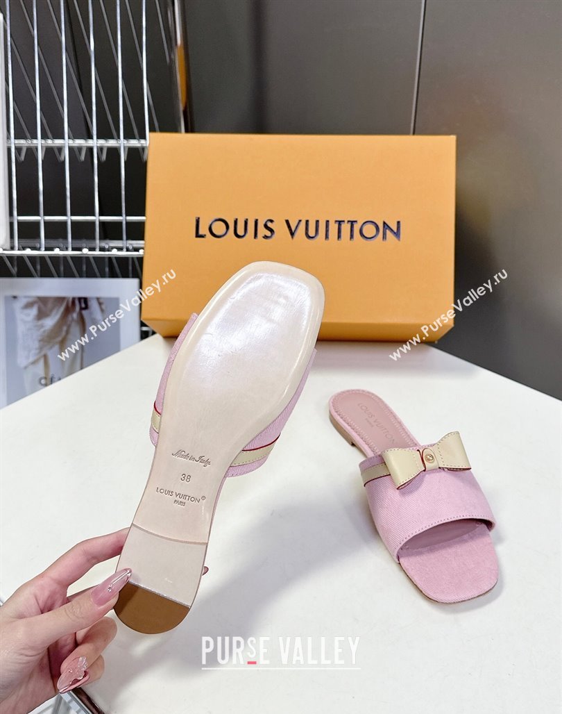 Louis Vuitton LV x TM Neo 6AM Flat Slides Sandal in Cherry Blossoms Print Denim with Bow Light Pink 2025 (MD-250422005)