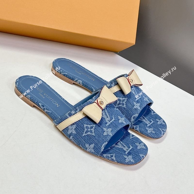 Louis Vuitton LV x TM Neo 6AM Flat Slides Sandal in Cherry Blossoms Print Denim with Bow Blue 2025 (MD-250422006)