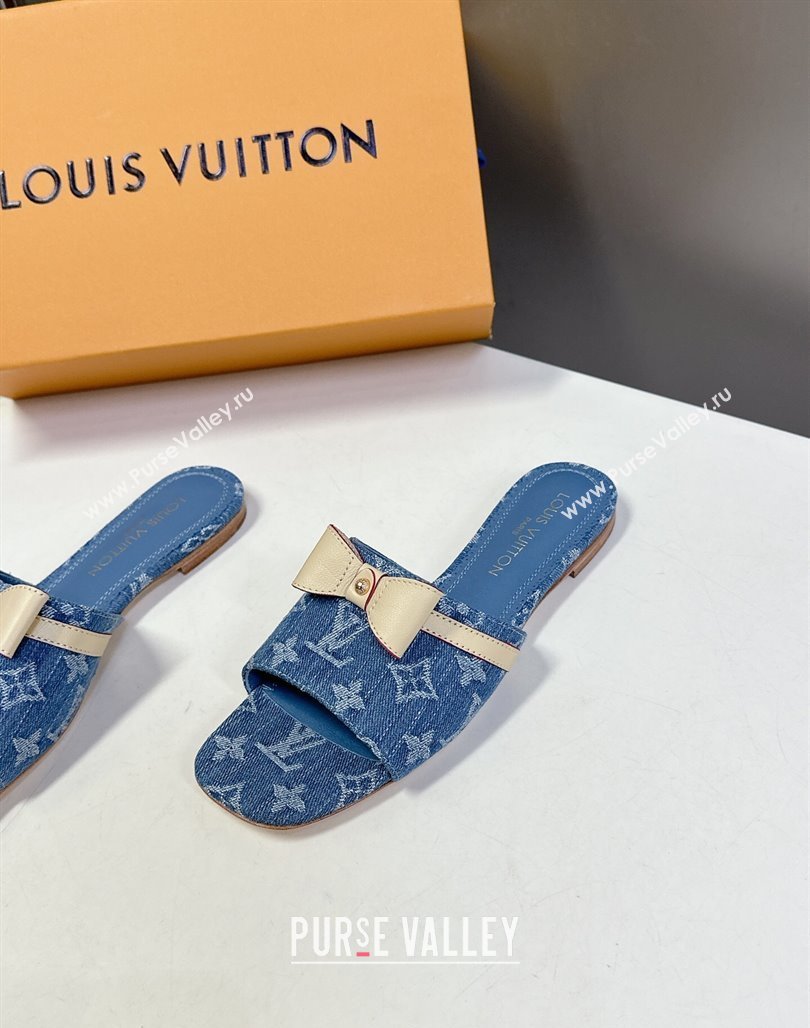 Louis Vuitton LV x TM Neo 6AM Flat Slides Sandal in Cherry Blossoms Print Denim with Bow Blue 2025 (MD-250422006)