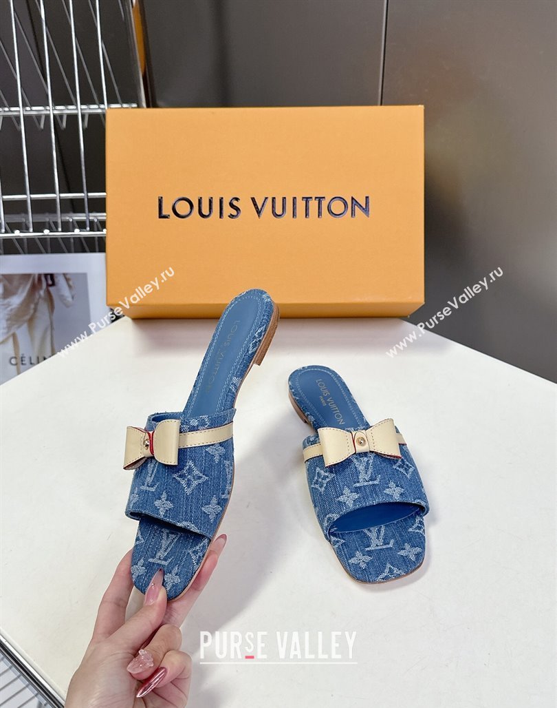 Louis Vuitton LV x TM Neo 6AM Flat Slides Sandal in Cherry Blossoms Print Denim with Bow Blue 2025 (MD-250422006)