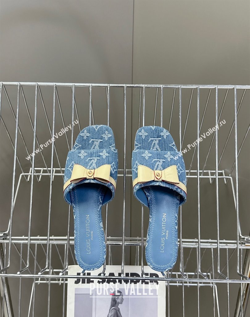 Louis Vuitton LV x TM Neo 6AM Flat Slides Sandal in Cherry Blossoms Print Denim with Bow Blue 2025 (MD-250422006)