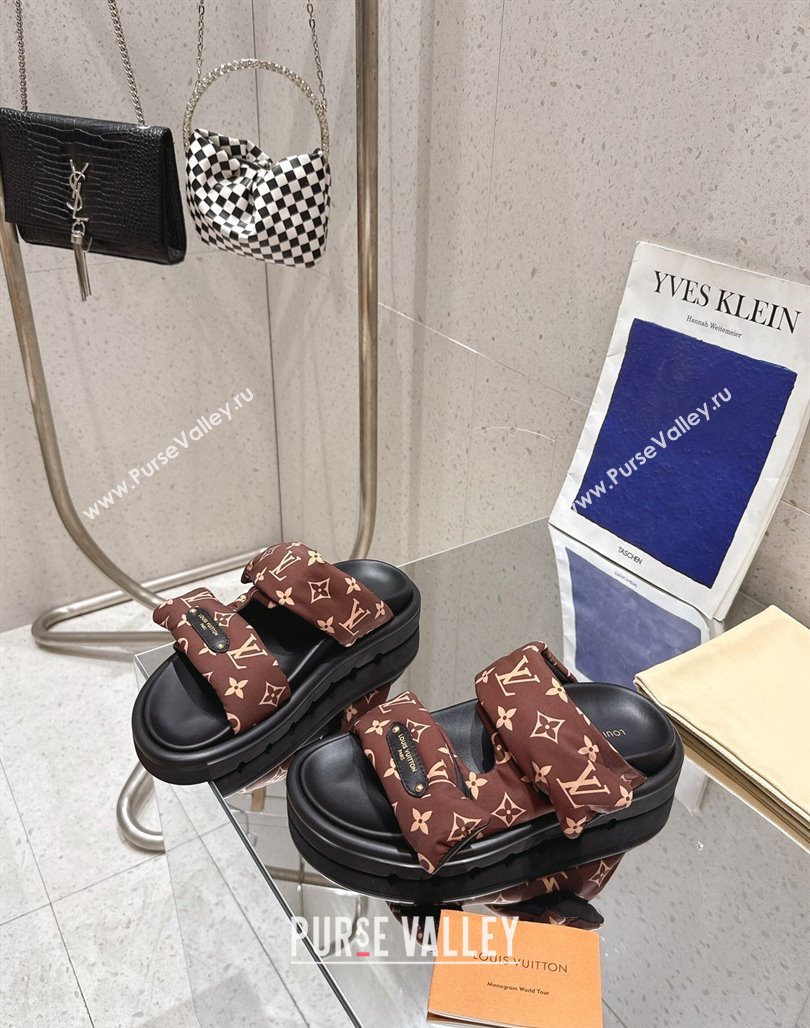 Louis Vuitton Pool Pillow Flat Comfort Slides Sandal in Monogram Nylon Brown 2025 1AHMDV (MD-250422068)
