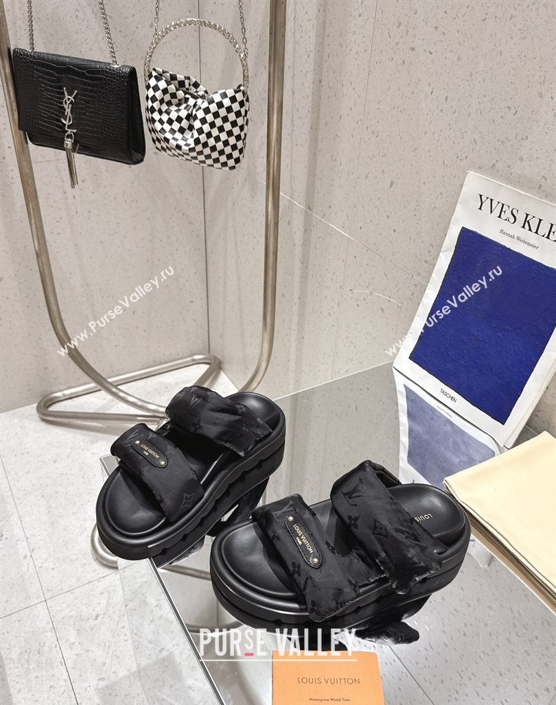 Louis Vuitton Pool Pillow Flat Comfort Slides Sandal in Monogram Nylon Black2 2025 1AHMDV (MD-250422070)