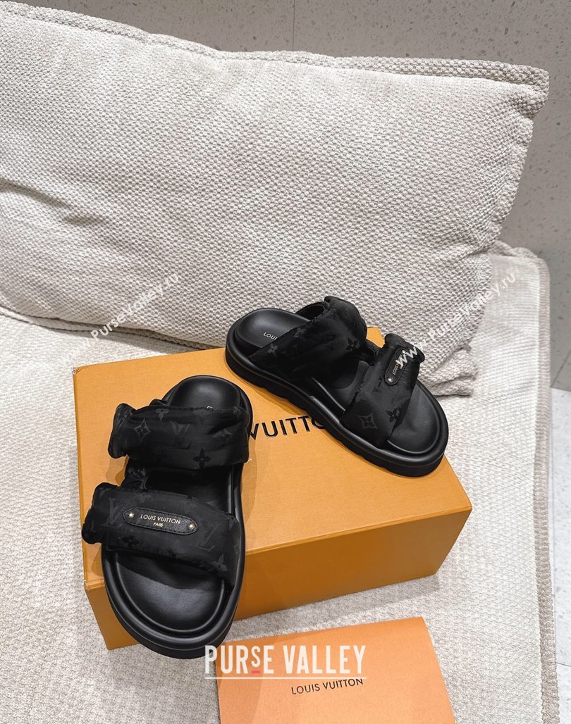 Louis Vuitton Pool Pillow Flat Comfort Slides Sandal in Monogram Nylon Black2 2025 1AHMDV (MD-250422070)