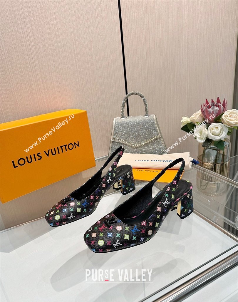 Louis Vuitton LV x TM Swing Slingback Pump 5.5cm in Multicolor Monogram Canvas Black 2025 1AGTY9 (MD-250422120)