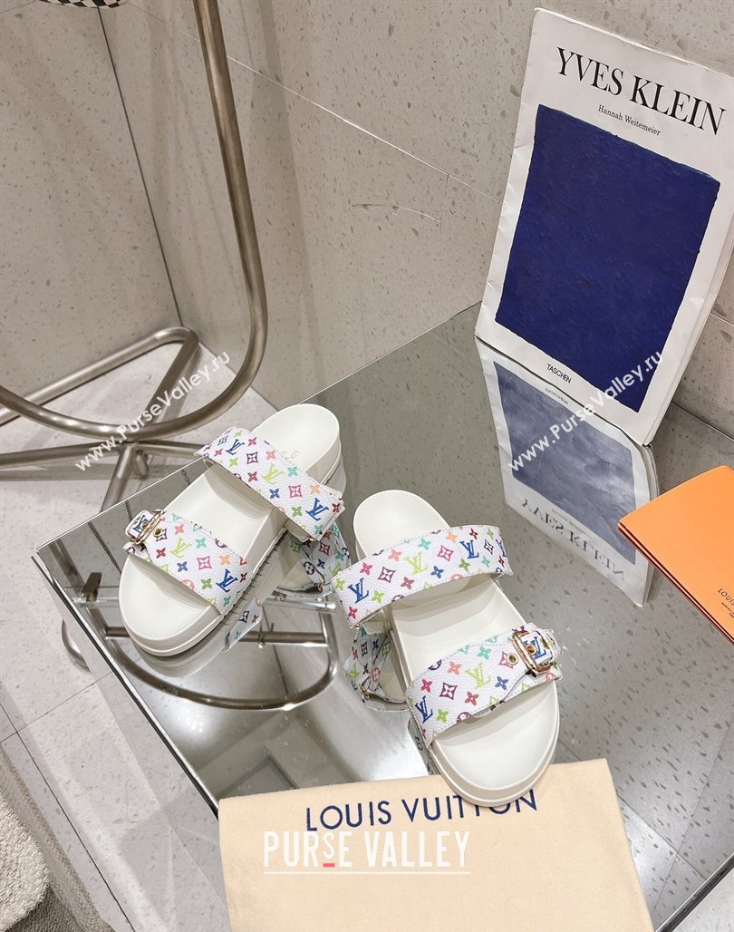 Louis Vuitton LV x TM Bom Dia Flat Comfort Slides Sandal in Multicolored Monogram Canvas White 2025 (MD-250421086)