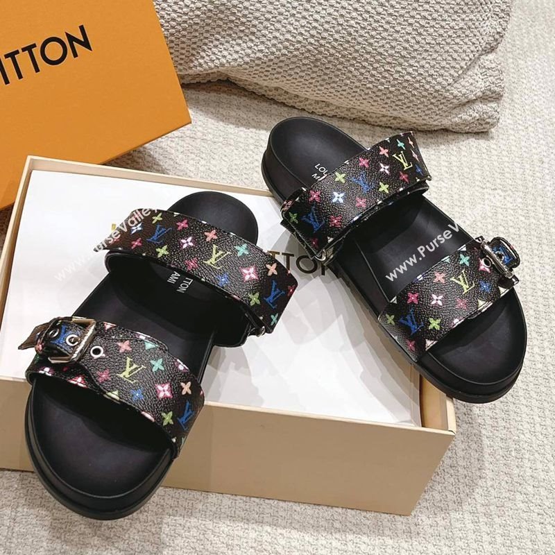 Louis Vuitton LV x TM Bom Dia Flat Comfort Slides Sandal in Multicolored Monogram Canvas Black 2025 (MD-250421087)