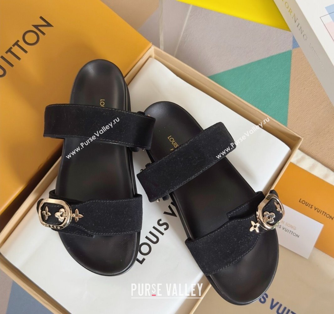 Louis Vuitton Bom Dia Flat Comfort Slides Sandal in Suede with Bloom Buckle Black 2025 1AGXTN (MD-250422053)