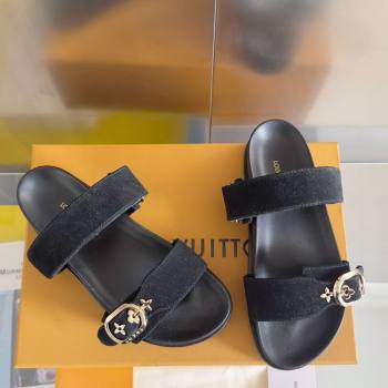 Louis Vuitton Bom Dia Flat Comfort Slides Sandal in Suede with Bloom Buckle Black 2025 1AGXTN (MD-250422053)