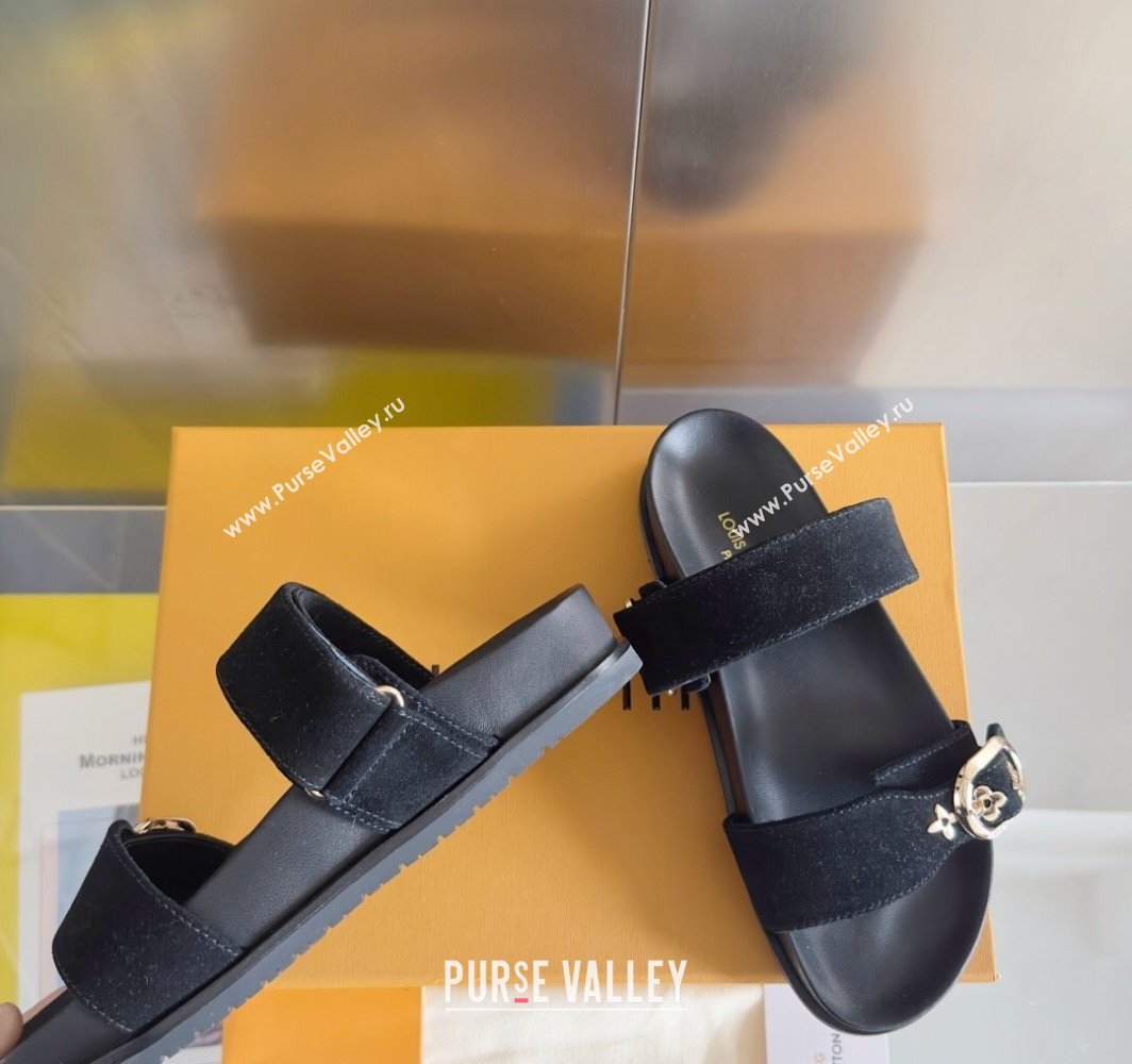 Louis Vuitton Bom Dia Flat Comfort Slides Sandal in Suede with Bloom Buckle Black 2025 1AGXTN (MD-250422053)