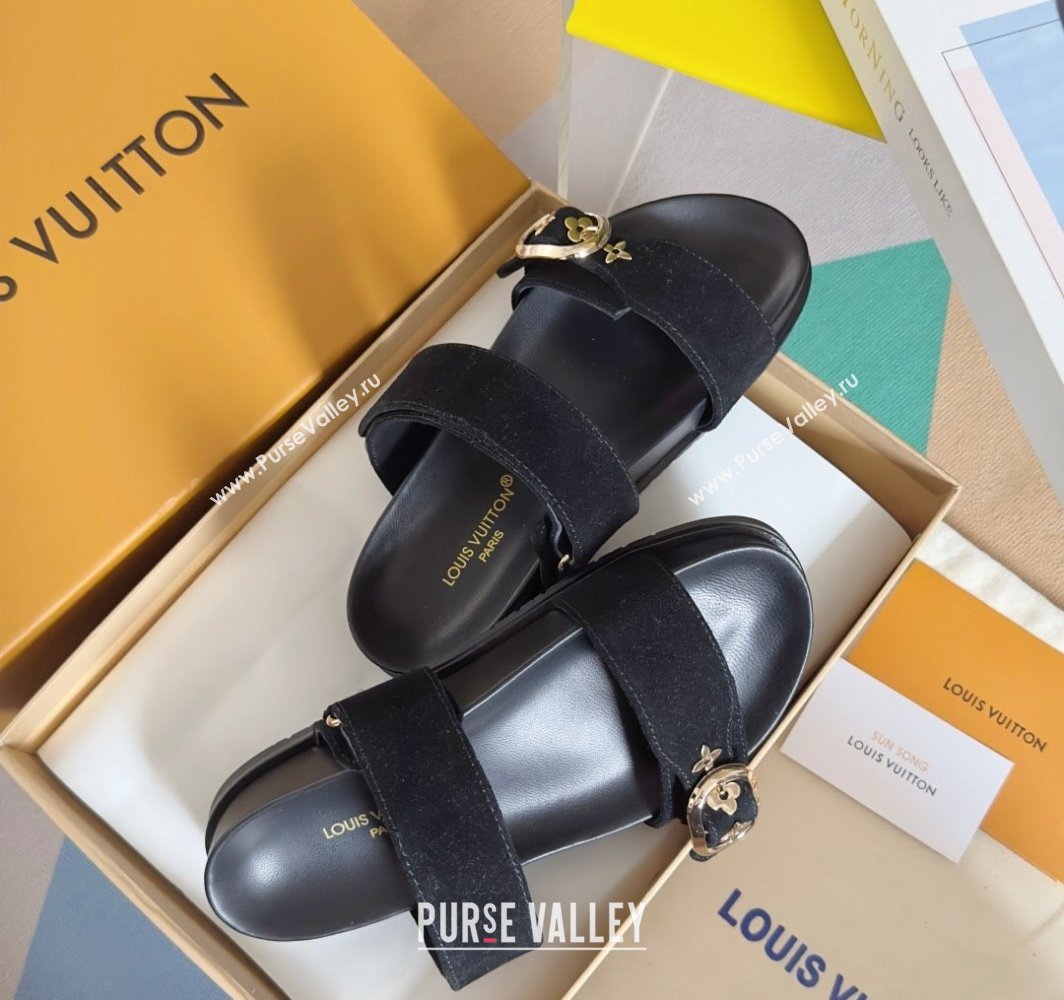 Louis Vuitton Bom Dia Flat Comfort Slides Sandal in Suede with Bloom Buckle Black 2025 1AGXTN (MD-250422053)