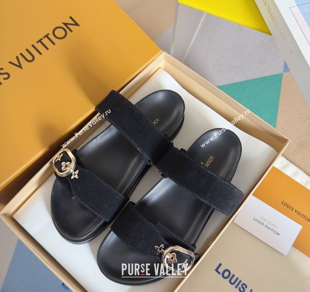 Louis Vuitton Bom Dia Flat Comfort Slides Sandal in Suede with Bloom Buckle Black 2025 1AGXTN (MD-250422053)
