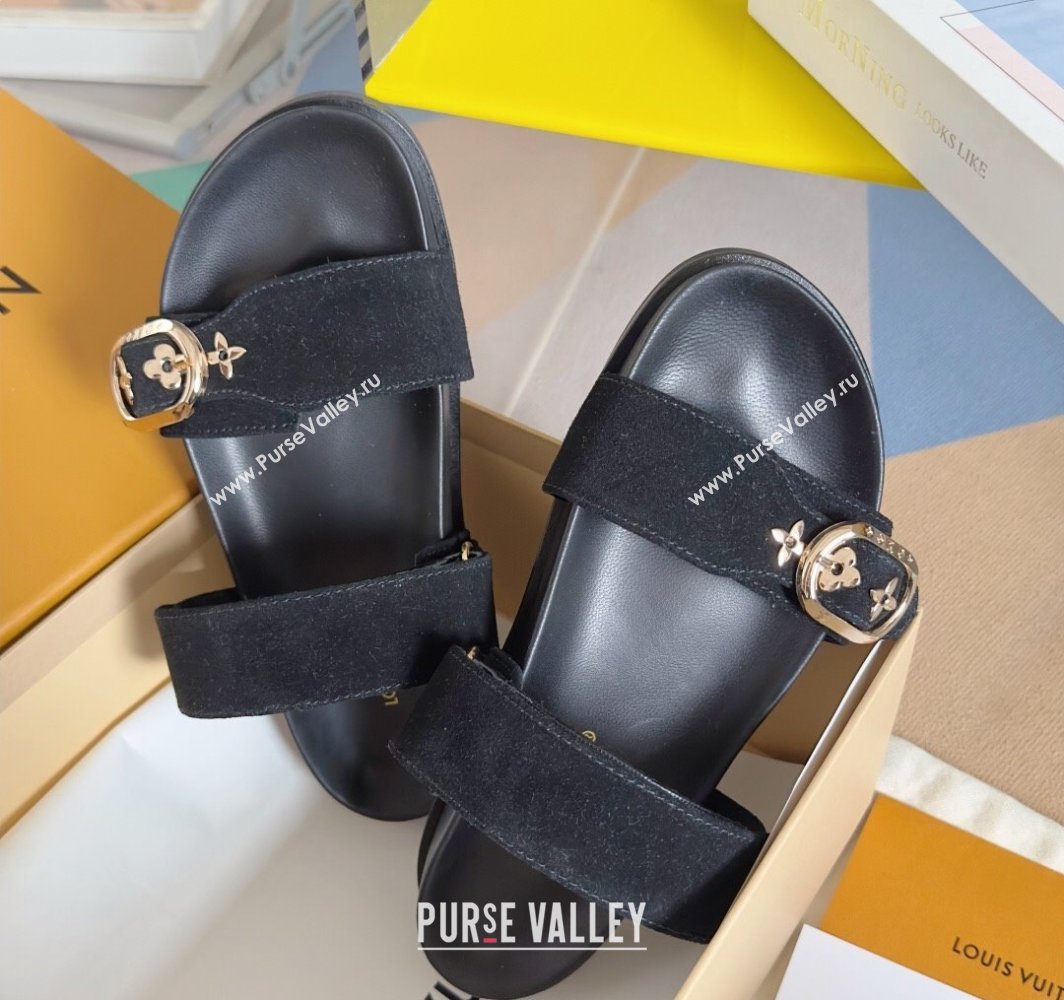 Louis Vuitton Bom Dia Flat Comfort Slides Sandal in Suede with Bloom Buckle Black 2025 1AGXTN (MD-250422053)