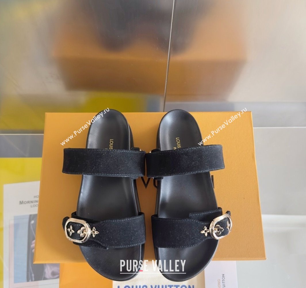 Louis Vuitton Bom Dia Flat Comfort Slides Sandal in Suede with Bloom Buckle Black 2025 1AGXTN (MD-250422053)