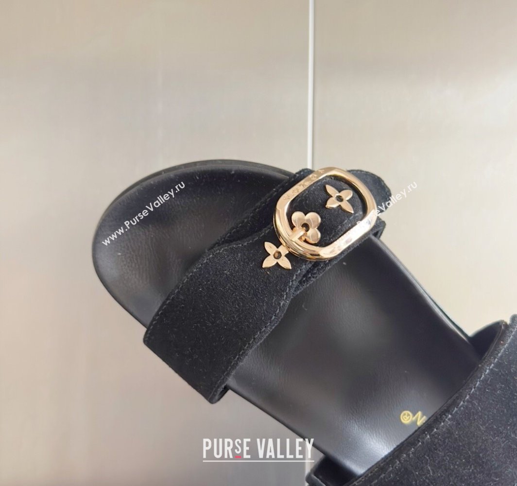 Louis Vuitton Bom Dia Flat Comfort Slides Sandal in Suede with Bloom Buckle Black 2025 1AGXTN (MD-250422053)