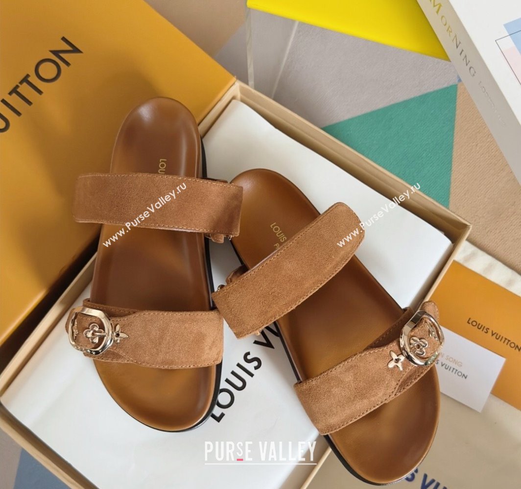 Louis Vuitton Bom Dia Flat Comfort Slides Sandal in Suede with Bloom Buckle Brown 2025 1AGXTN (MD-250422054)