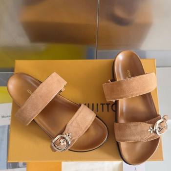 Louis Vuitton Bom Dia Flat Comfort Slides Sandal in Suede with Bloom Buckle Brown 2025 1AGXTN (MD-250422054)