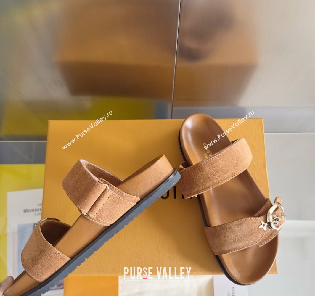 Louis Vuitton Bom Dia Flat Comfort Slides Sandal in Suede with Bloom Buckle Brown 2025 1AGXTN (MD-250422054)
