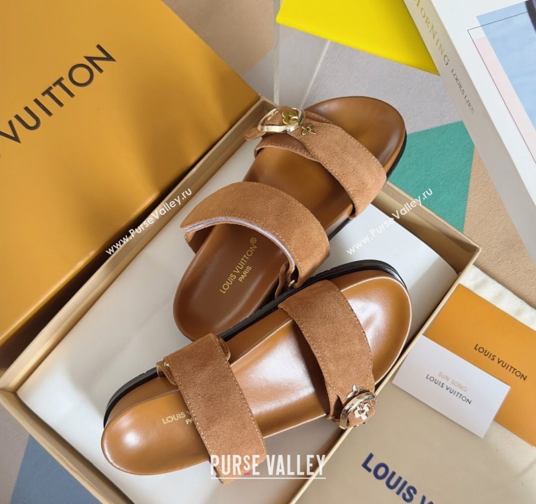Louis Vuitton Bom Dia Flat Comfort Slides Sandal in Suede with Bloom Buckle Brown 2025 1AGXTN (MD-250422054)