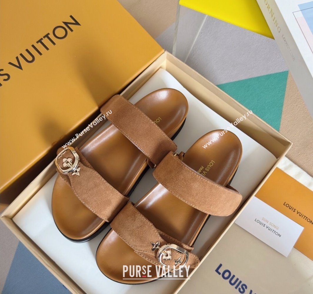 Louis Vuitton Bom Dia Flat Comfort Slides Sandal in Suede with Bloom Buckle Brown 2025 1AGXTN (MD-250422054)
