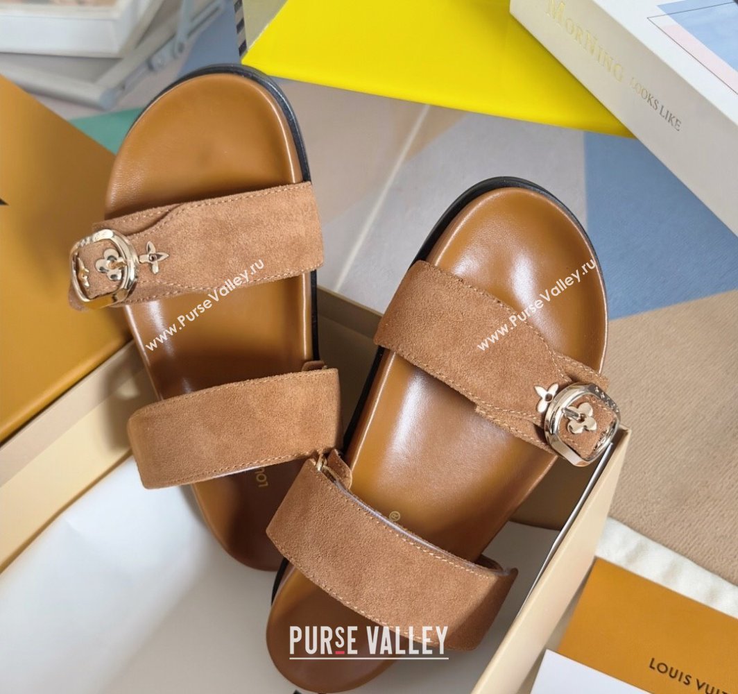 Louis Vuitton Bom Dia Flat Comfort Slides Sandal in Suede with Bloom Buckle Brown 2025 1AGXTN (MD-250422054)