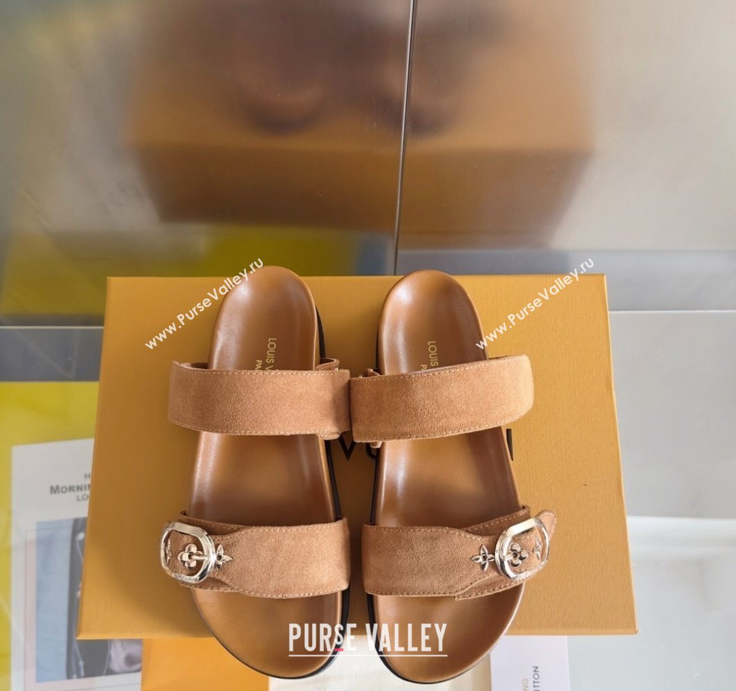 Louis Vuitton Bom Dia Flat Comfort Slides Sandal in Suede with Bloom Buckle Brown 2025 1AGXTN (MD-250422054)