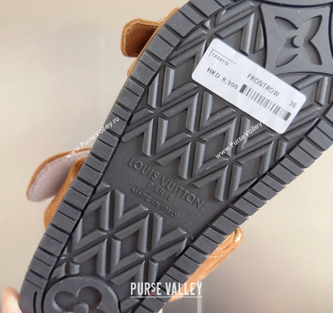 Louis Vuitton Bom Dia Flat Comfort Slides Sandal in Suede with Bloom Buckle Brown 2025 1AGXTN (MD-250422054)