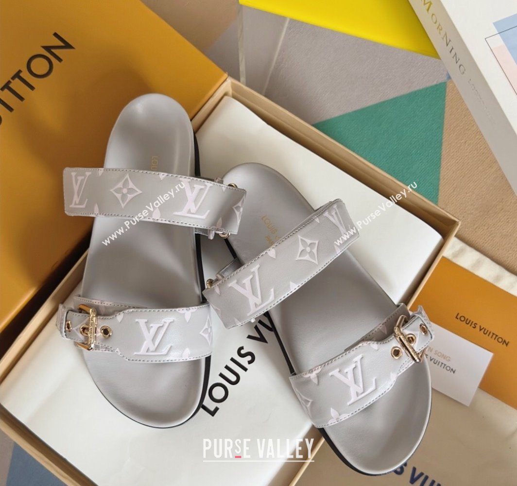 Louis Vuitton Bom Dia Flat Comfort Slides Sandal in Leather with Buckle Light Grey 2025 1ABVNC (MD-250422055)