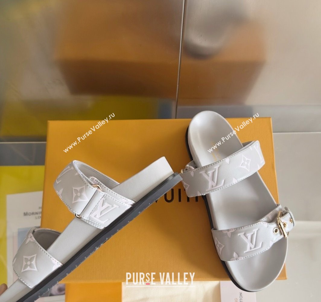 Louis Vuitton Bom Dia Flat Comfort Slides Sandal in Leather with Buckle Light Grey 2025 1ABVNC (MD-250422055)