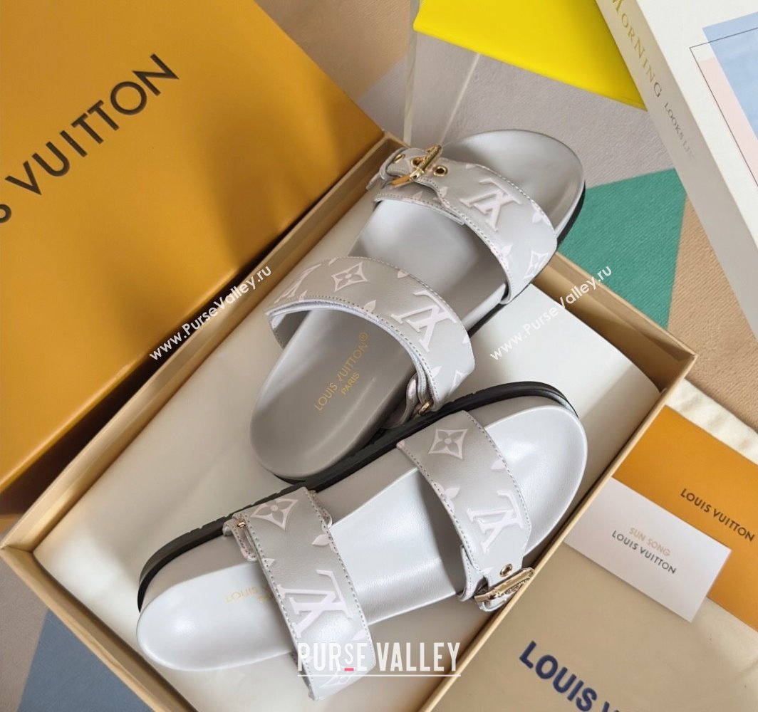 Louis Vuitton Bom Dia Flat Comfort Slides Sandal in Leather with Buckle Light Grey 2025 1ABVNC (MD-250422055)